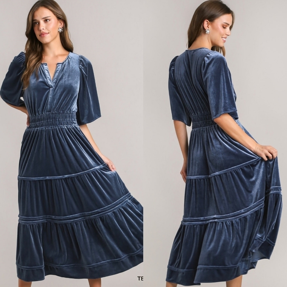 Umgee Dusty Blue Velvet Tiered Shirred Waist Bell Sleeve V-neck Maxi Dress S